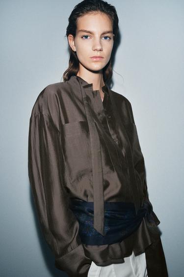 SHIRT WITH POCKETS AND BOW ZW COLLECTION - Brown / Taupe by Zara