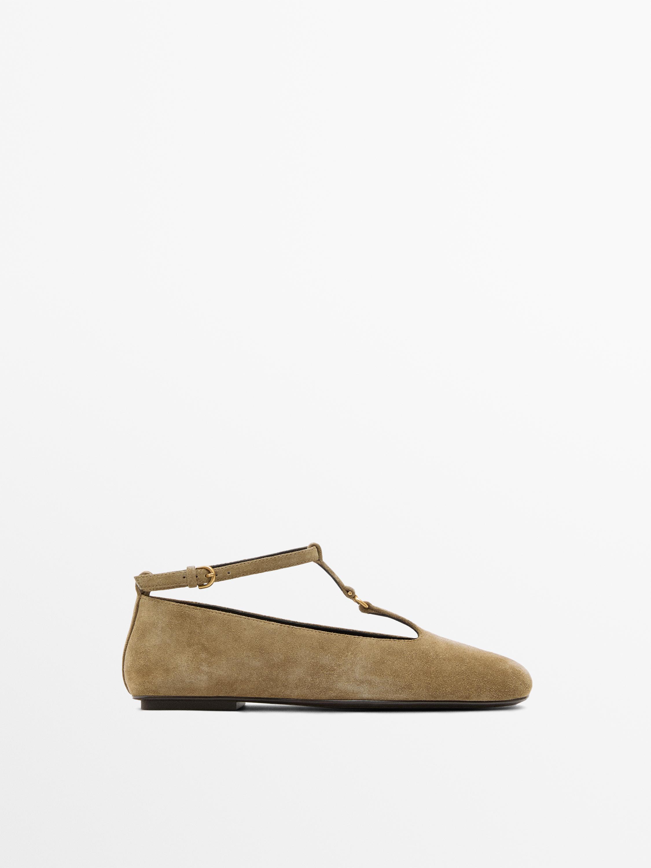 Split suede ballet flats with instep strap