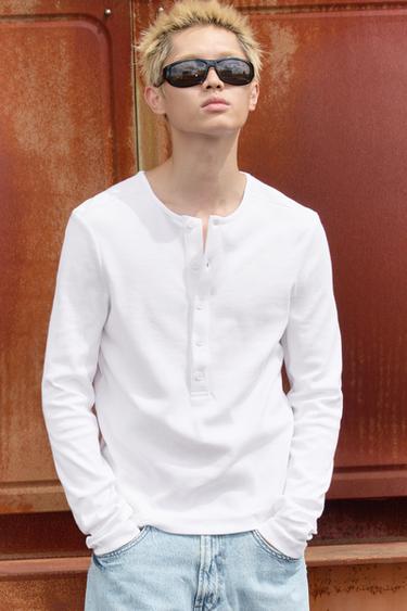 Zara 羅紋鈕扣領 T 恤 - 白色