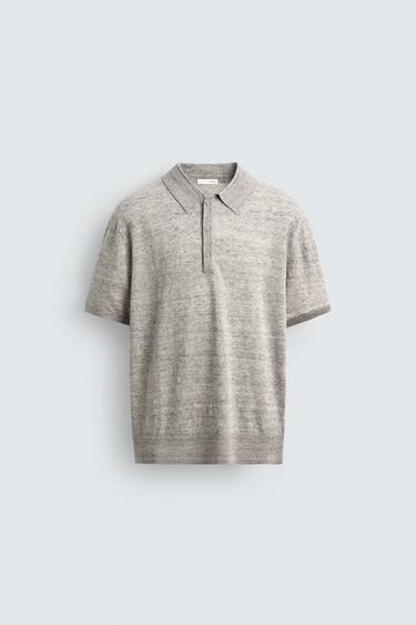 100% LINEN KNIT POLO SHIRT - Grey marl by Zara