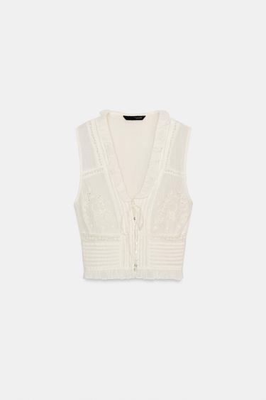TOP GASA BORDADOS - Blanco roto de Zara