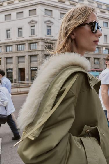 PARKA COURTE CAPUCHE EFFET FOURRURE - Kaki de Zara - Image 6