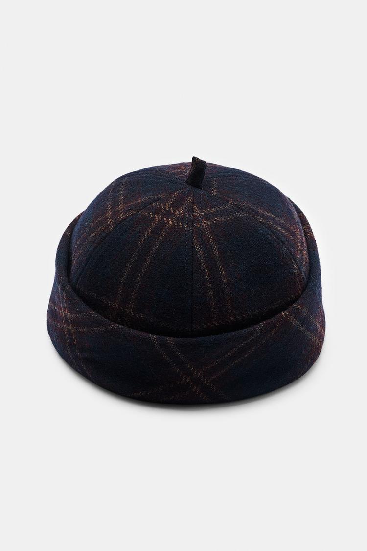PLAID PRINTED WOOL BEANIE — Navy blue