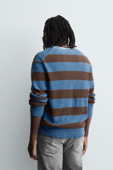 PULL EN MAILLE PERLÉE RAYURES - Bleu de Zara - Image 2