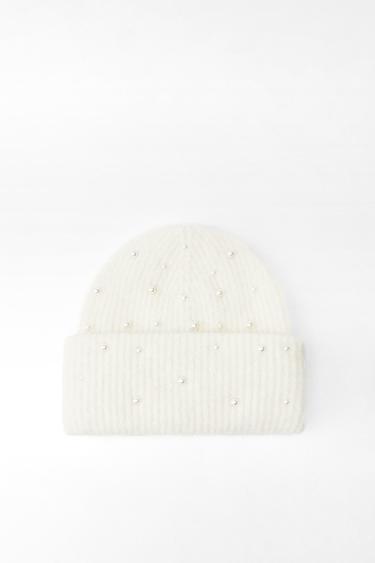 TURN-UP KNIT BEANIE WITH FAUX PEARLS - Ecru by Zara