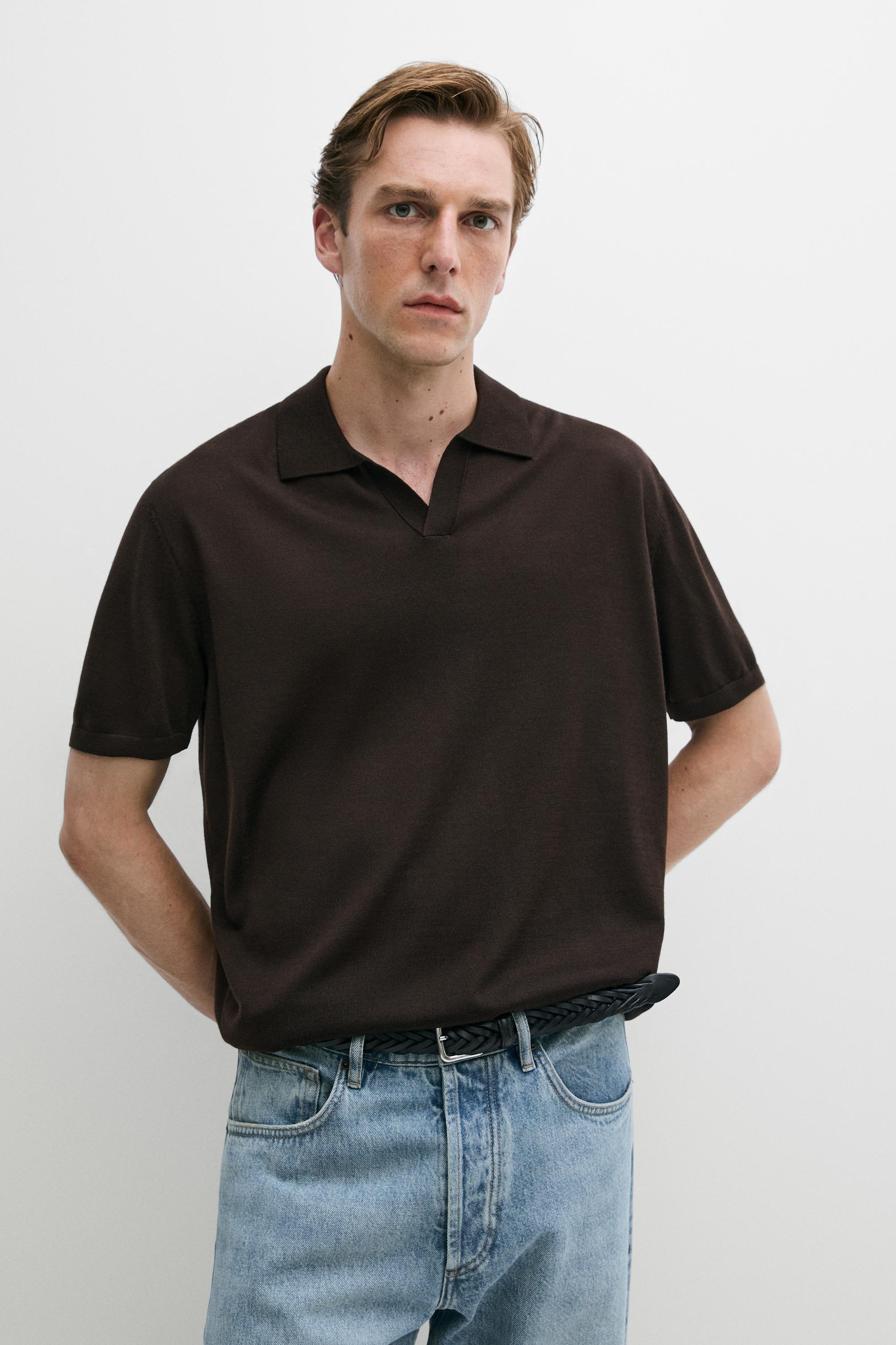 Short sleeve wool blend knit polo shirt — Brown