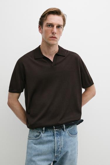 Zara Short sleeve wool blend knit polo shirt - Brown
