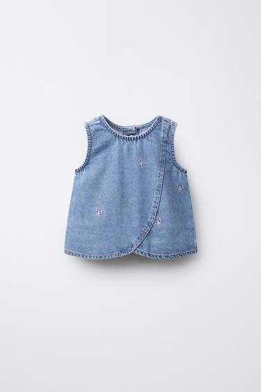 DENIM TOP WITH EMBROIDERED BUTTERFLIES - Light blue by Zara