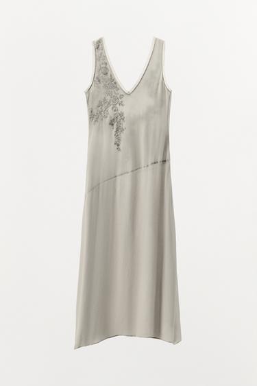GEORGETTE DRESS WITH EMBROIDERY AND BEADS - Taupe grey by Zara - Image 6