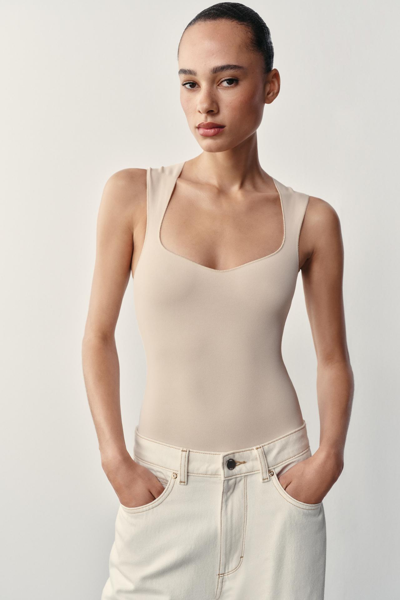 STRETCH SQUARE NECK BODYSUIT — Ecru