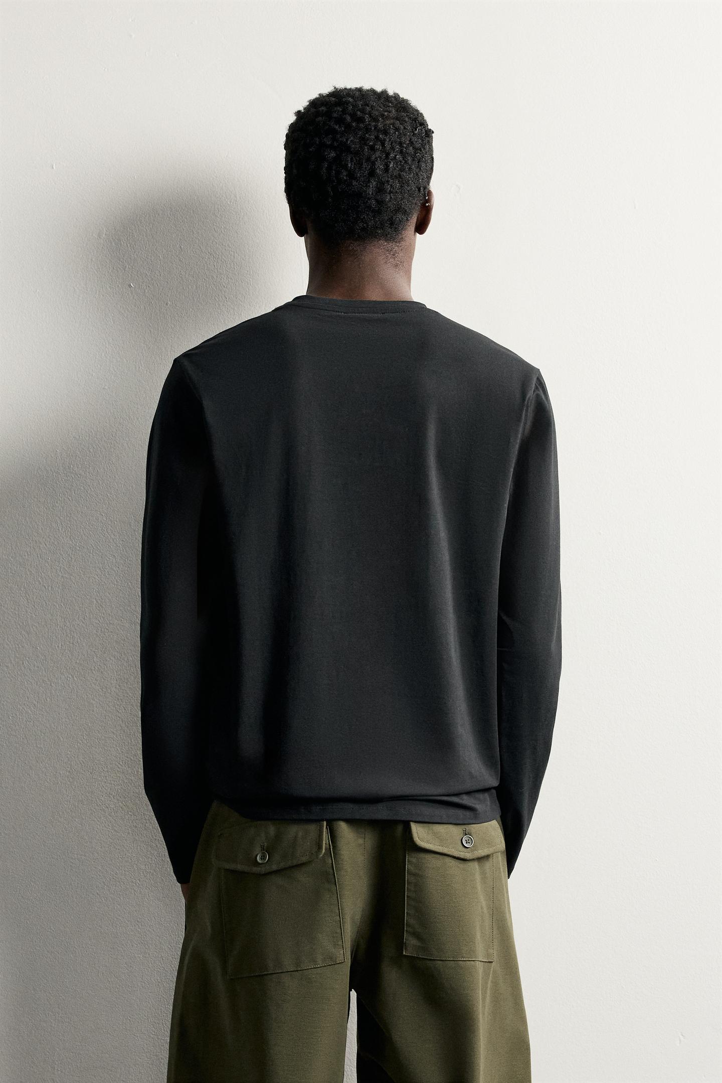 Мужская футболка Zara Long Sleeve Slim Fit Basic, цвет: Чёрный — фото 3