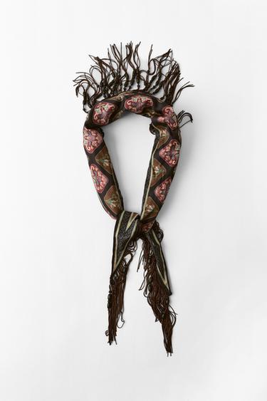 PRINTED BANDANA WITH BEADED FRINGE - Brown by Zara