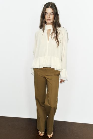 HIGH NECK RUFFLED TOP - Ecru by Zara - Image 0
