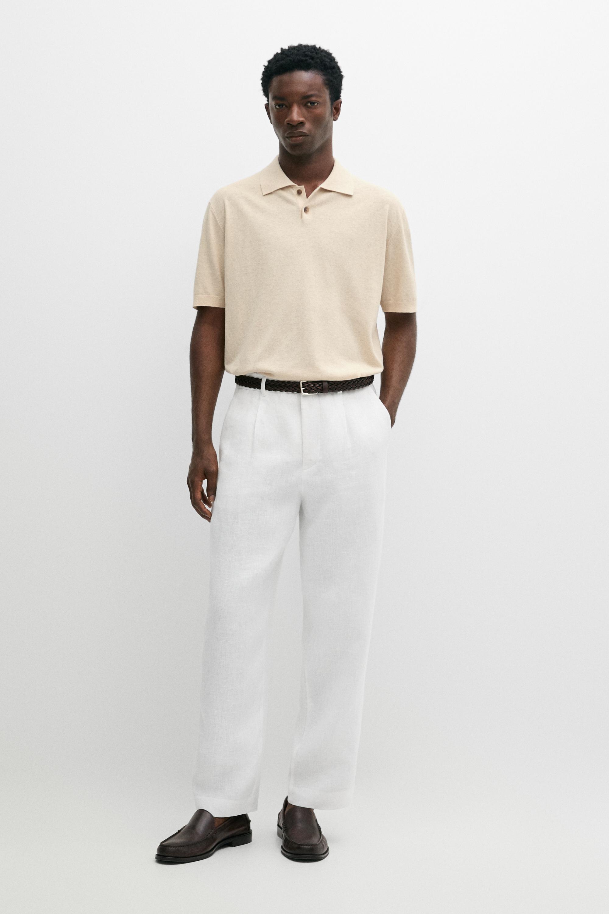 Cotton linen blend polo shirt — Ecru / Khaki