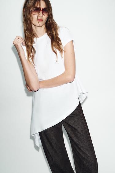 T-SHIRT ASYMÉTRIQUE À MANCHES COURTES - Blanc de Zara - Image 1