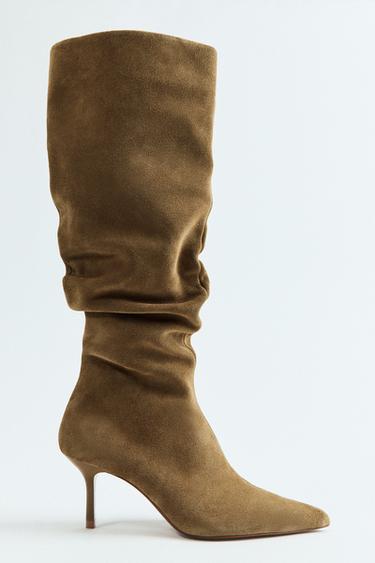 RUCHED SPLIT SUEDE HEELED BOOTS - Sand Brown by Zara