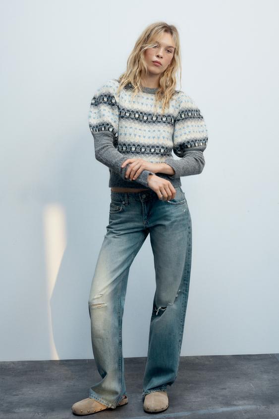 JERSEY JACQUARD MANGA ABULLONADA - Gris / Azul de Zara - Imagen 0