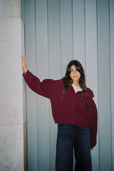 FLORAL TEXTURED KNIT CARDIGAN - Burgundy by Zara