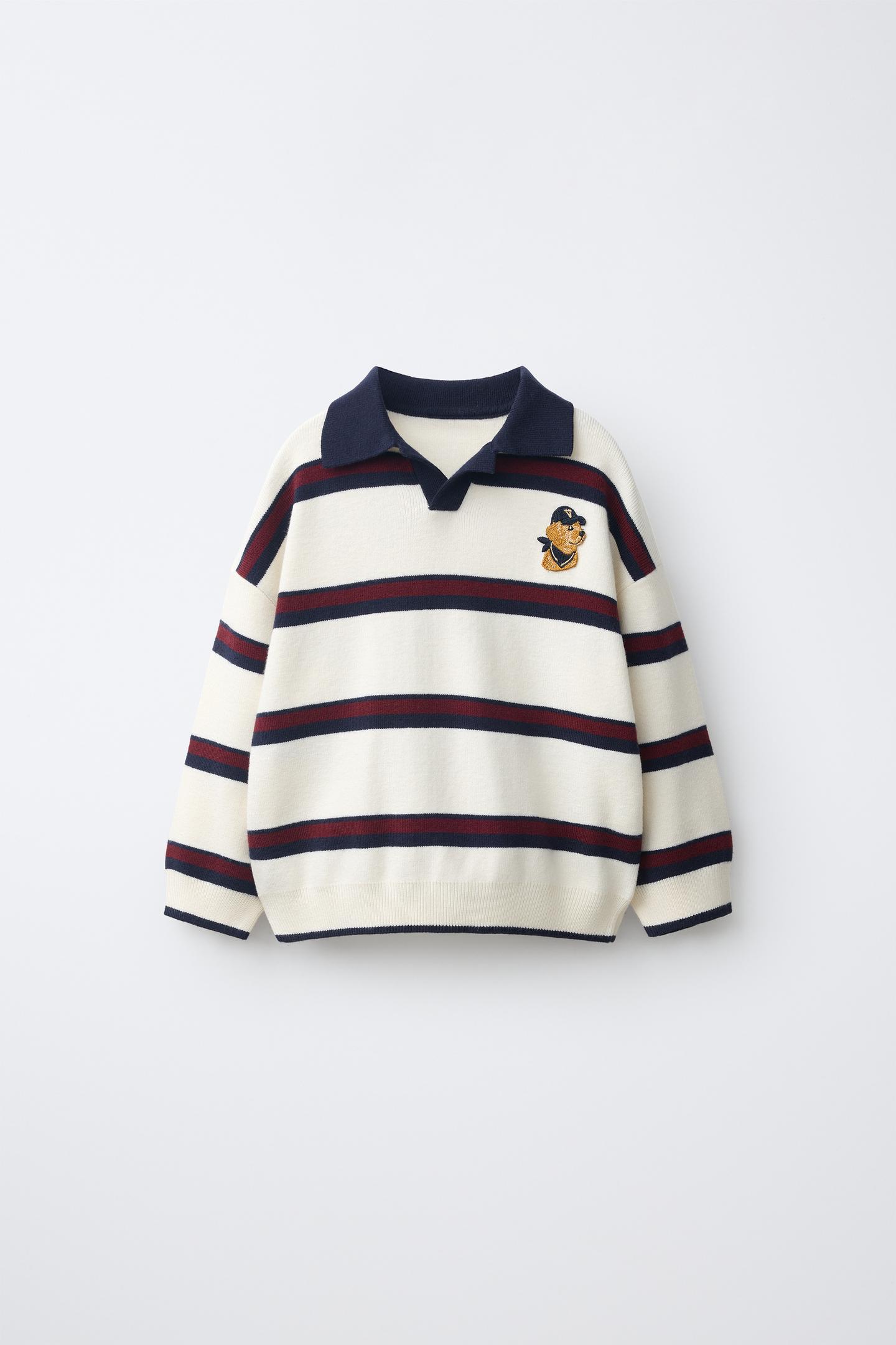 Детский свитер Zara Embroidered Striped Polo Knit, цвет: Экрю / Тёмно-синий — фото 1