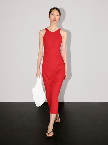 Vestido midi escote redondo 100% lino - Rojo de Zara - Imagen 0