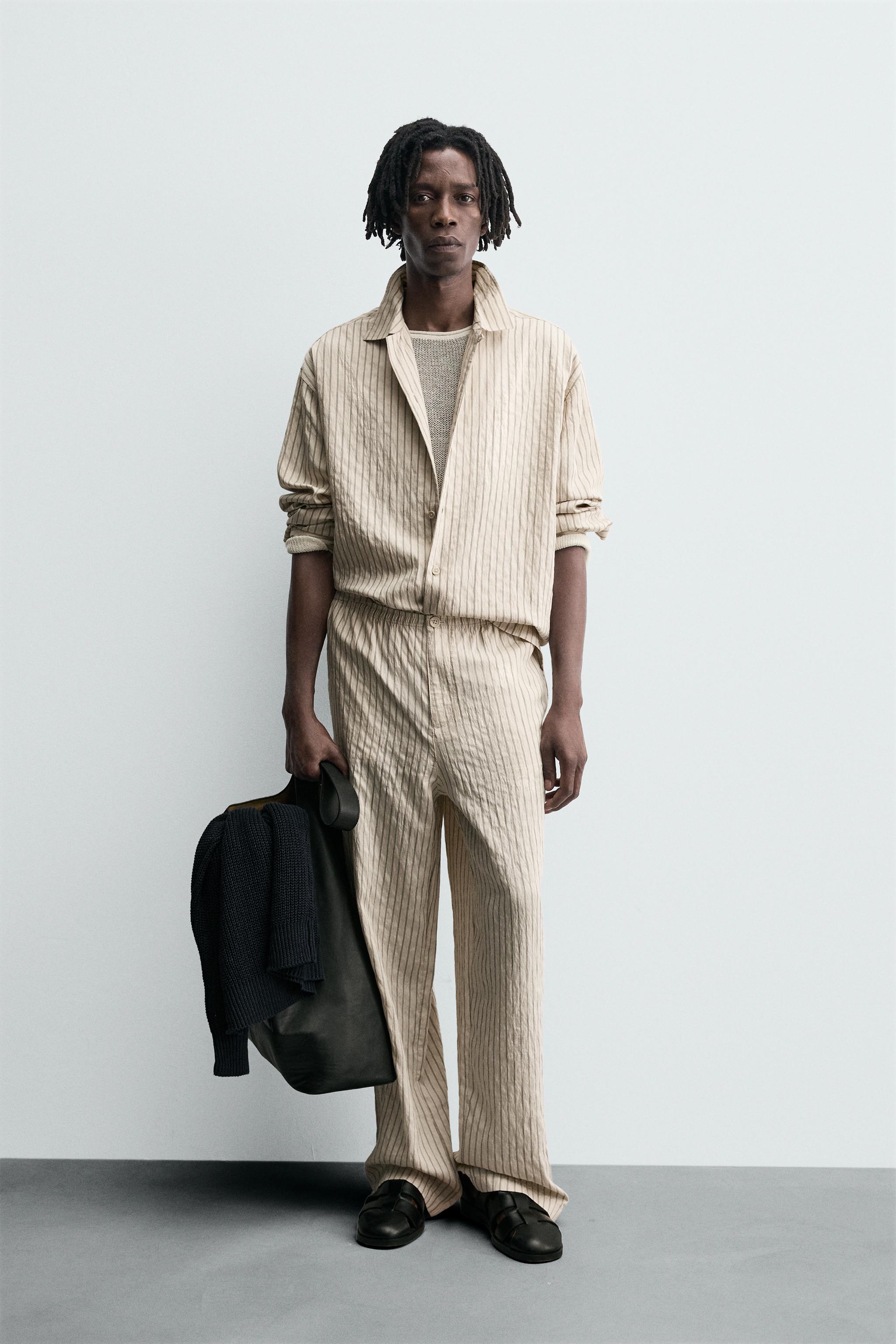 WRINKLED EFFECT STRIPED FLOWY PANTS - Ecru | ZARA United States
