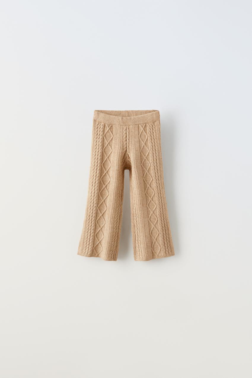 FLARED CABLE KNIT LEGGINGS - Beige