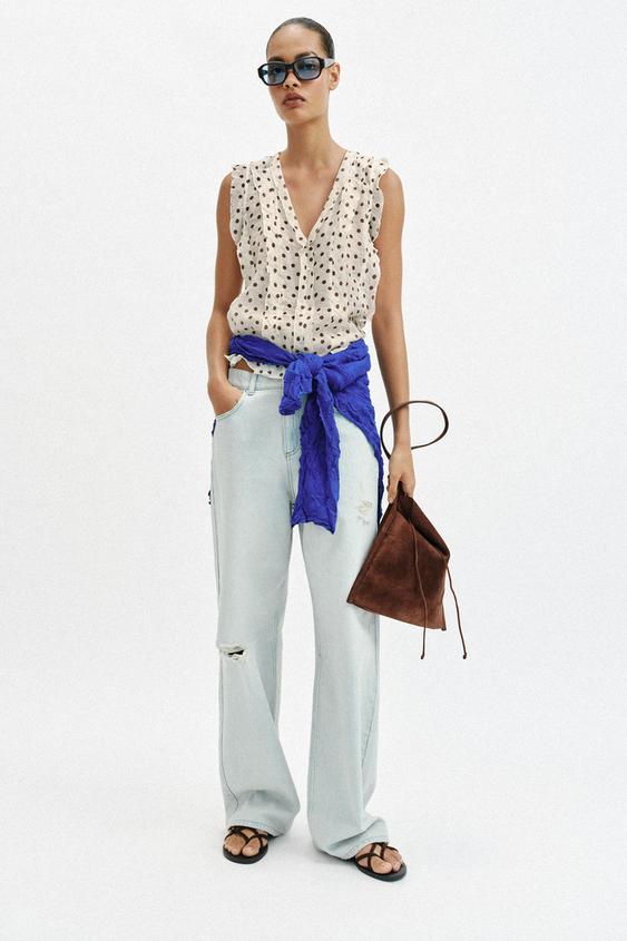 PRINTED POLKA DOT BLOUSE - Ecru / Brown by Zara - Image 0