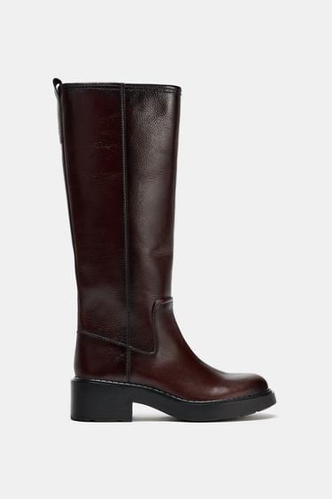 Zara DISTRESSED EFFECT LEATHER BOOTS - Burgundy Red