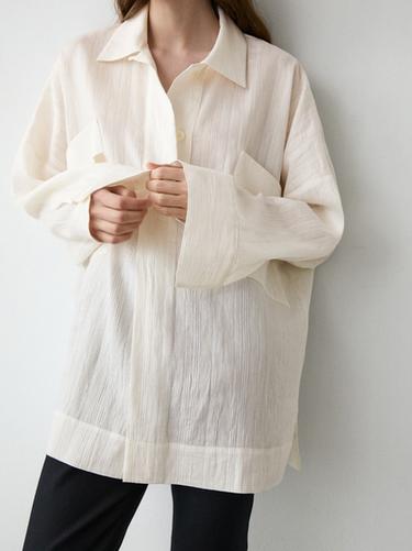 Zara Flowing linen and cotton shirt with opening - Oyster-white
