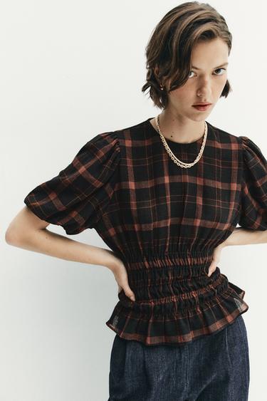 CHECK SHIRT WITH GATHERED DETAIL - BLACK/ORANGE by Zara
