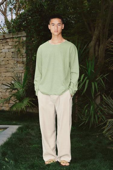 Zara 提花條紋 T 恤 - 綠色