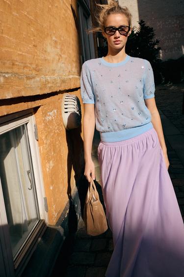 SEQUIN SHORT SLEEVE KNIT TOP - Pastel blue by Zara - Image 4