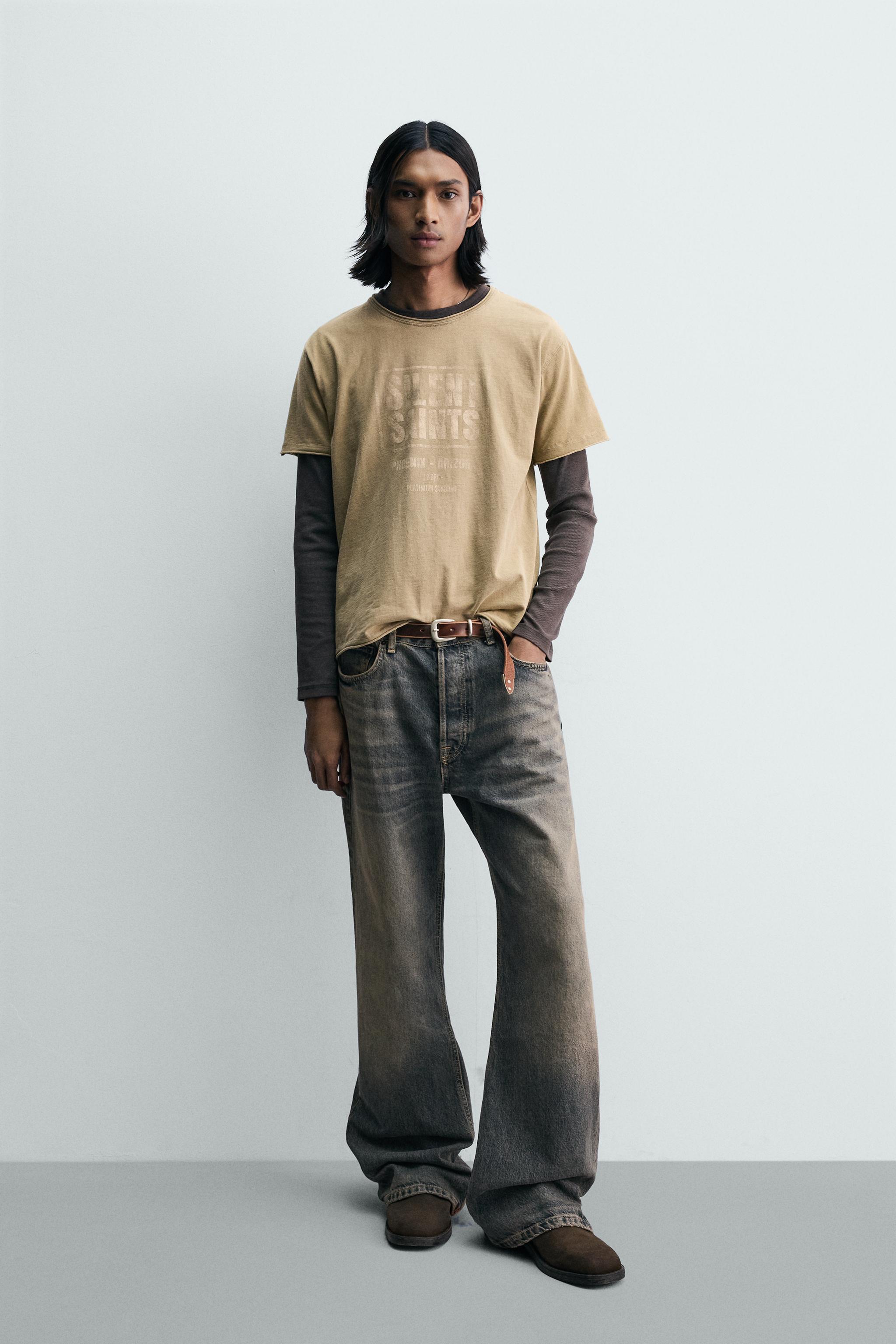 WASHED T-SHIRT WITH SLOGAN PRINT - camel | ZARA Singapore