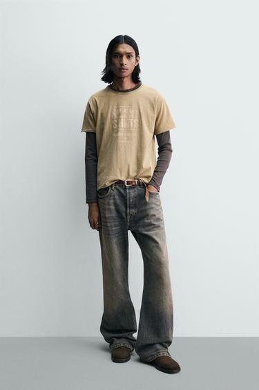 WASHED T-SHIRT WITH SLOGAN PRINT - camel by Zara - Image 0