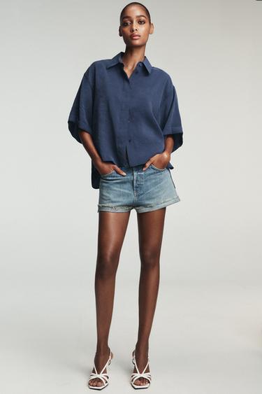 Zara FLOWY SHORT SLEEVE SHIRT - Navy blue