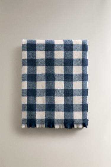 CHECK AND FRINGE BLANKET - Blue by Zara