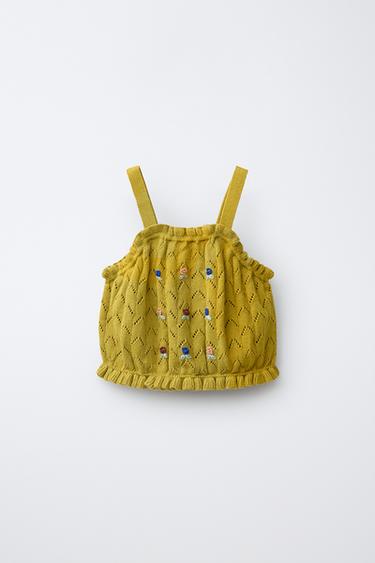 TOP EN MAILLE BRODÉ EN COTON ET LIN MADE WITH LIBERTY FABRIC - Vert huile de Zara