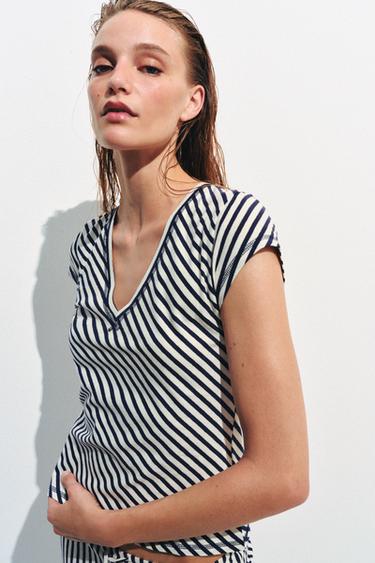 STRIPED LINEN BLEND T-SHIRT - Ecru / Navy by Zara