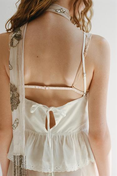 TOP FLEURS BRODÉES NŒUD - Blanc cassé de Zara - Image 3