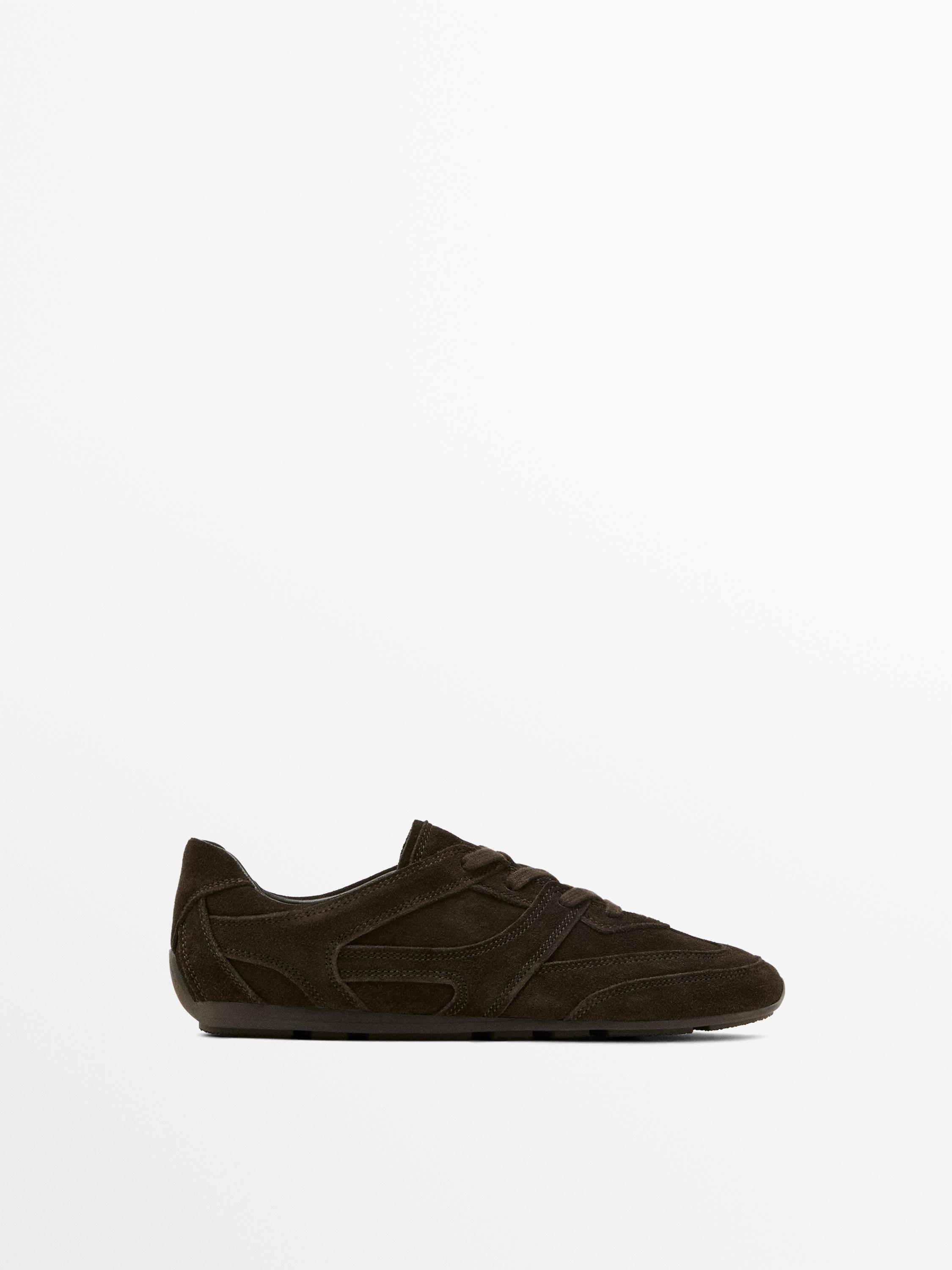 Split leather trainers with piece details — Gray