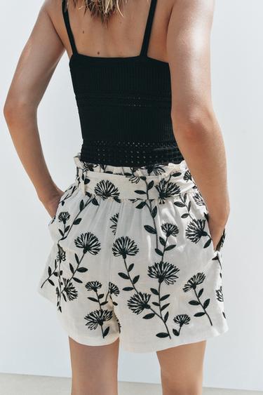 EMBROIDERED PAPER BAG BERMUDA SHORTS - Ecru / Black by Zara - Image 2