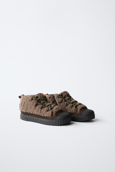 FAUX SHEARLING HIGH-TOP SNEAKERS - Brown by Zara
