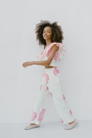 STRAIGHT-LEG FLORAL PRINT TROUSERS - Pink by Zara