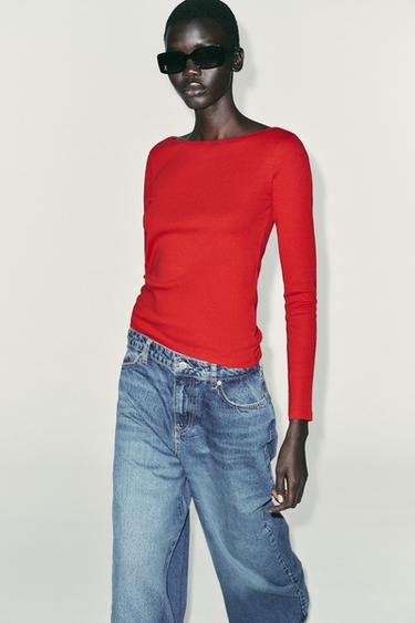 T-SHIRT COL BATEAU EN COTON - Rouge de Zara - Image 1