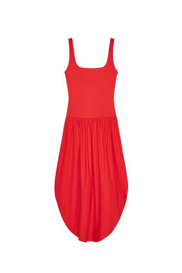 Front view of a red dress with wide straps and a pleated skirt.