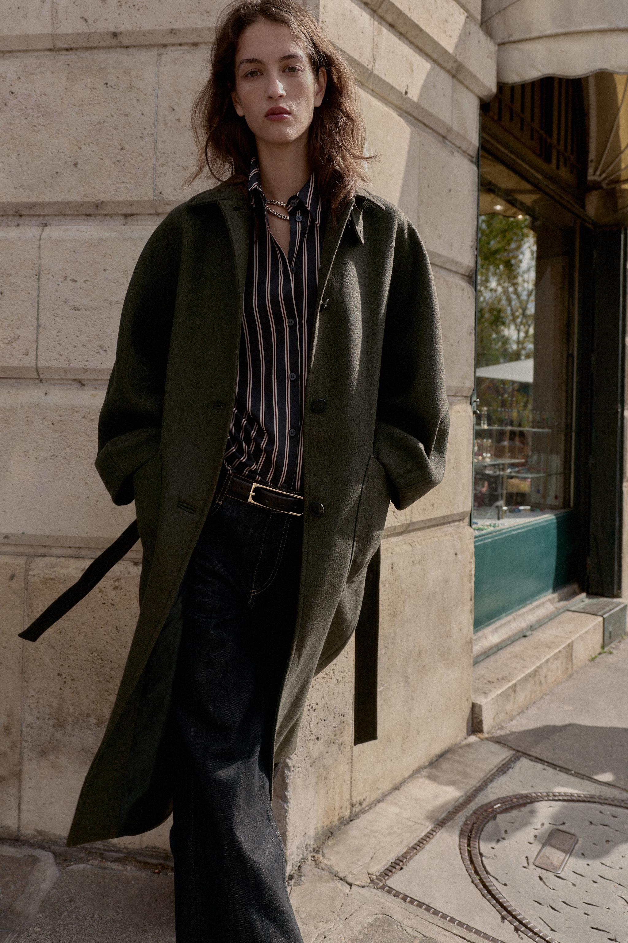 ウール製コントラストカラーバルーンスリーブコート - カーキ | ZARA