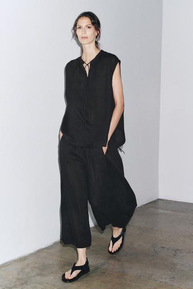 Zara 100% LINEN VOLUME PANTS - Black - Image 0