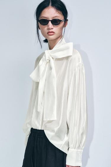 Zara ZW COLLECTION 緞面綁帶襯衫 - 磨白色