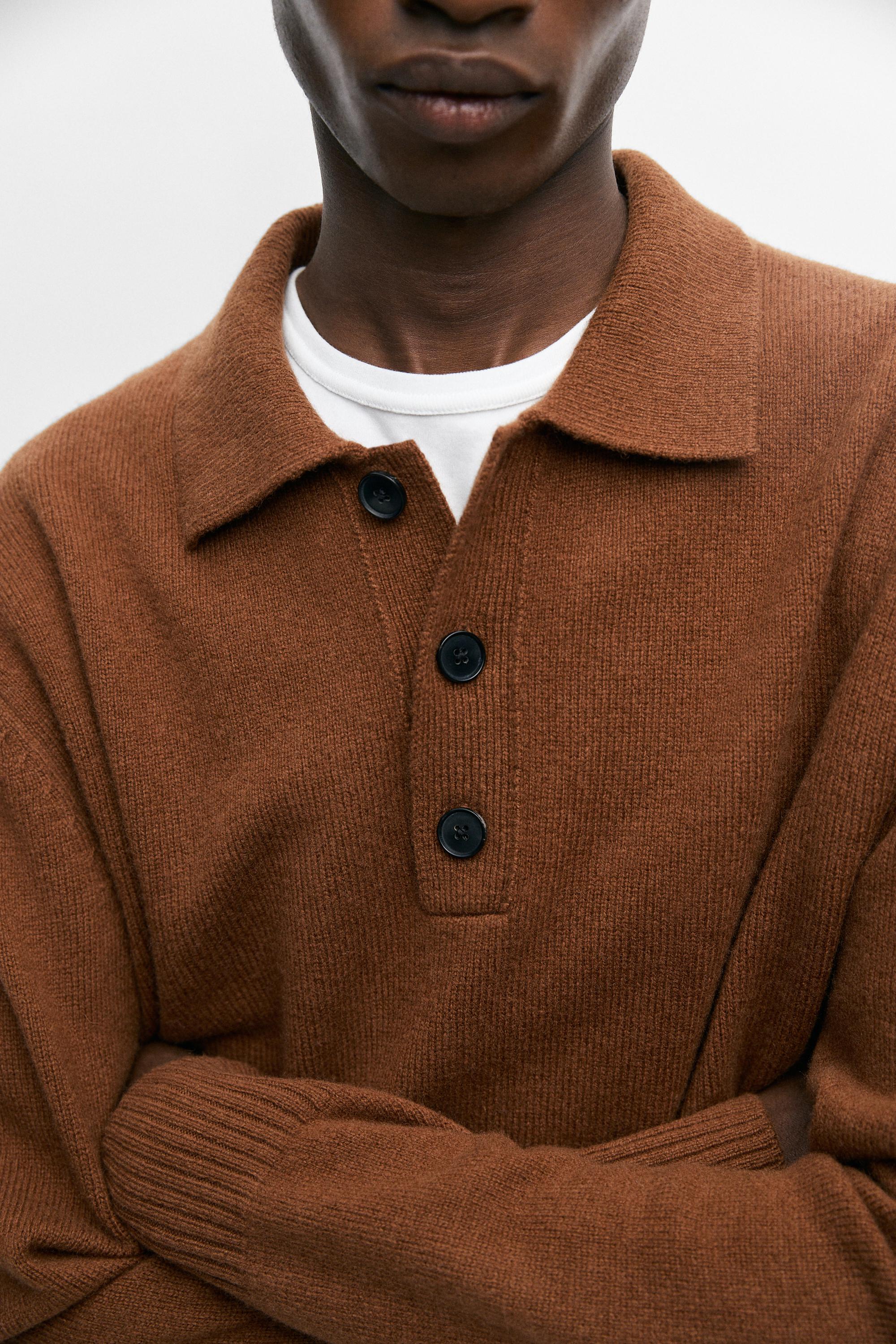 100% wool knit polo sweater with button detail