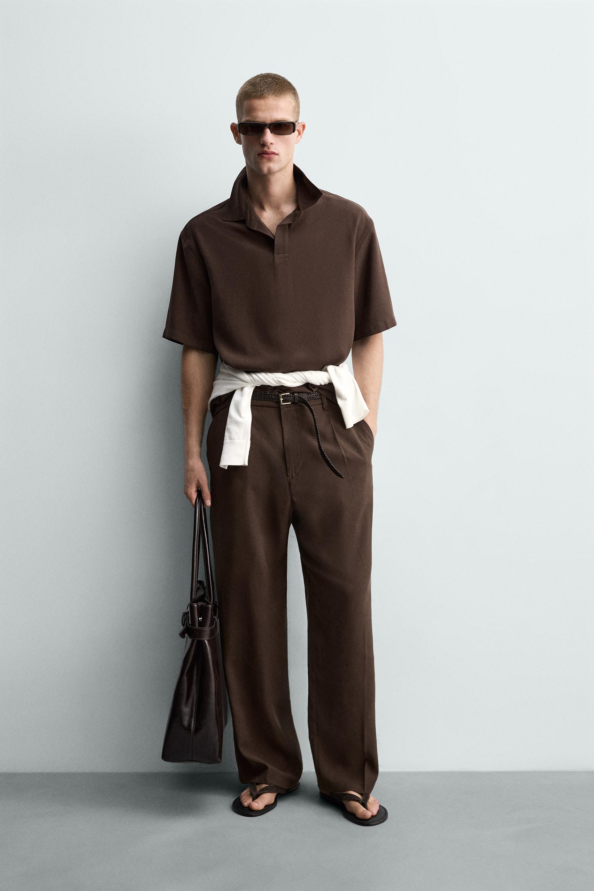 プリーツ入りリラックスフィットフルイドパンツ - ブラウン | ZARA